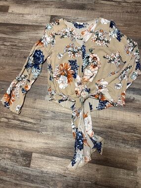 entro Beige Floral Boho Tie-Front Blouse with Navy & Orange Accents size small